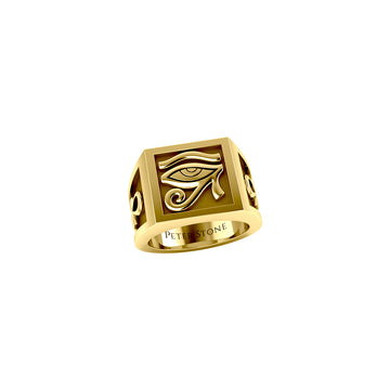 The Eye of Horus and Ankh Solid Yellow Gold Signet Men Ring GRI1980